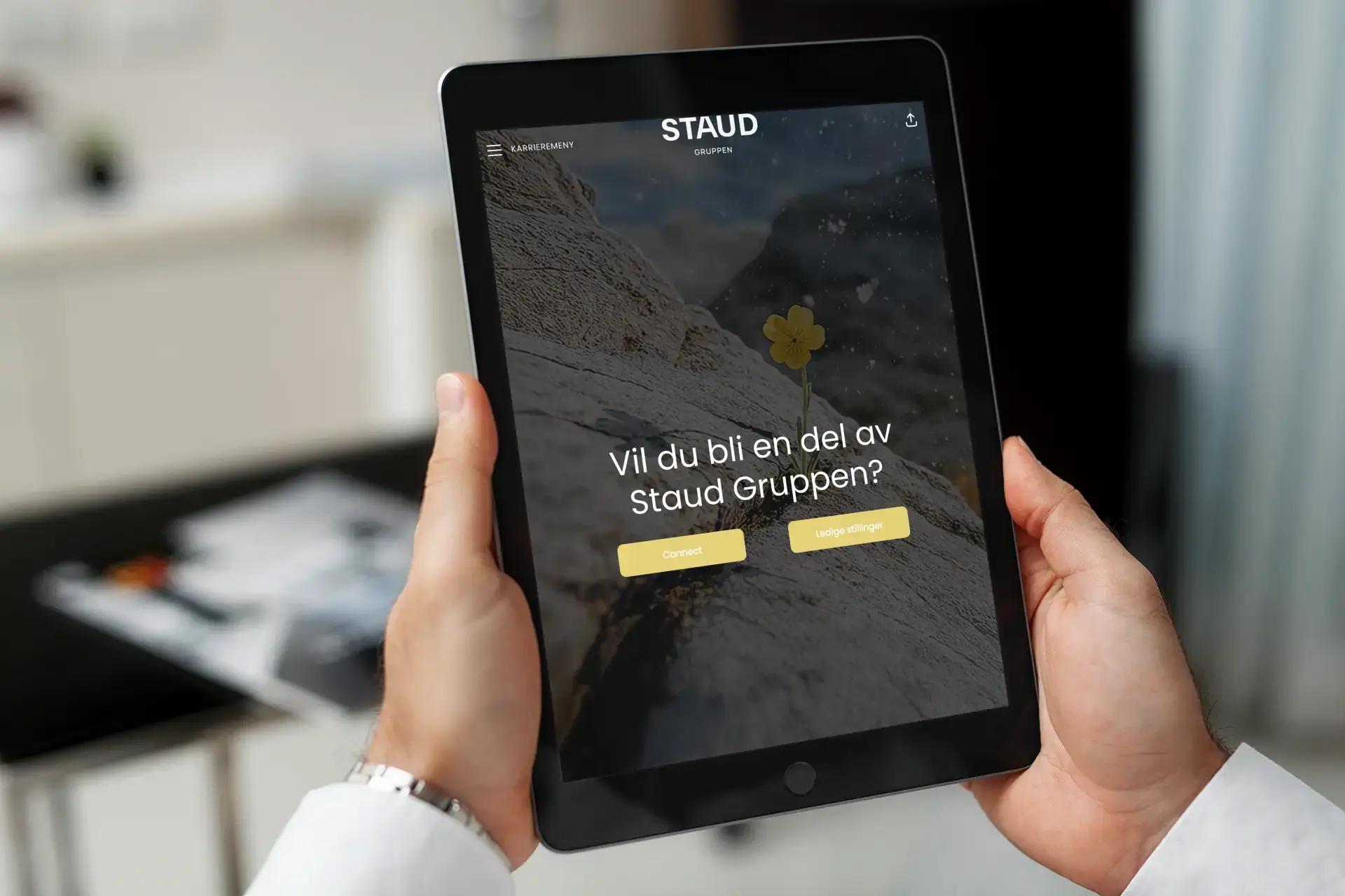 Nettbrett med Staud sin nettside åpen