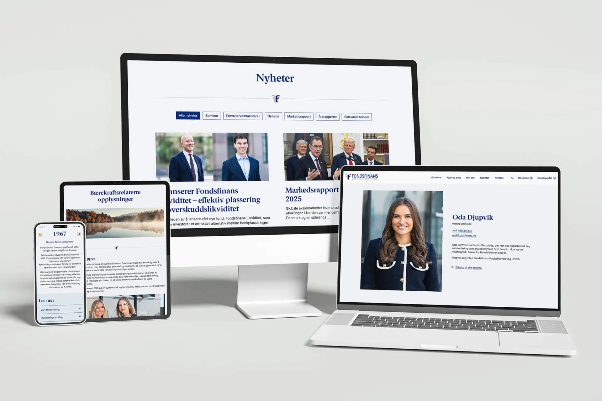 Diverse skjermer med nettsiden til fondsfinasn