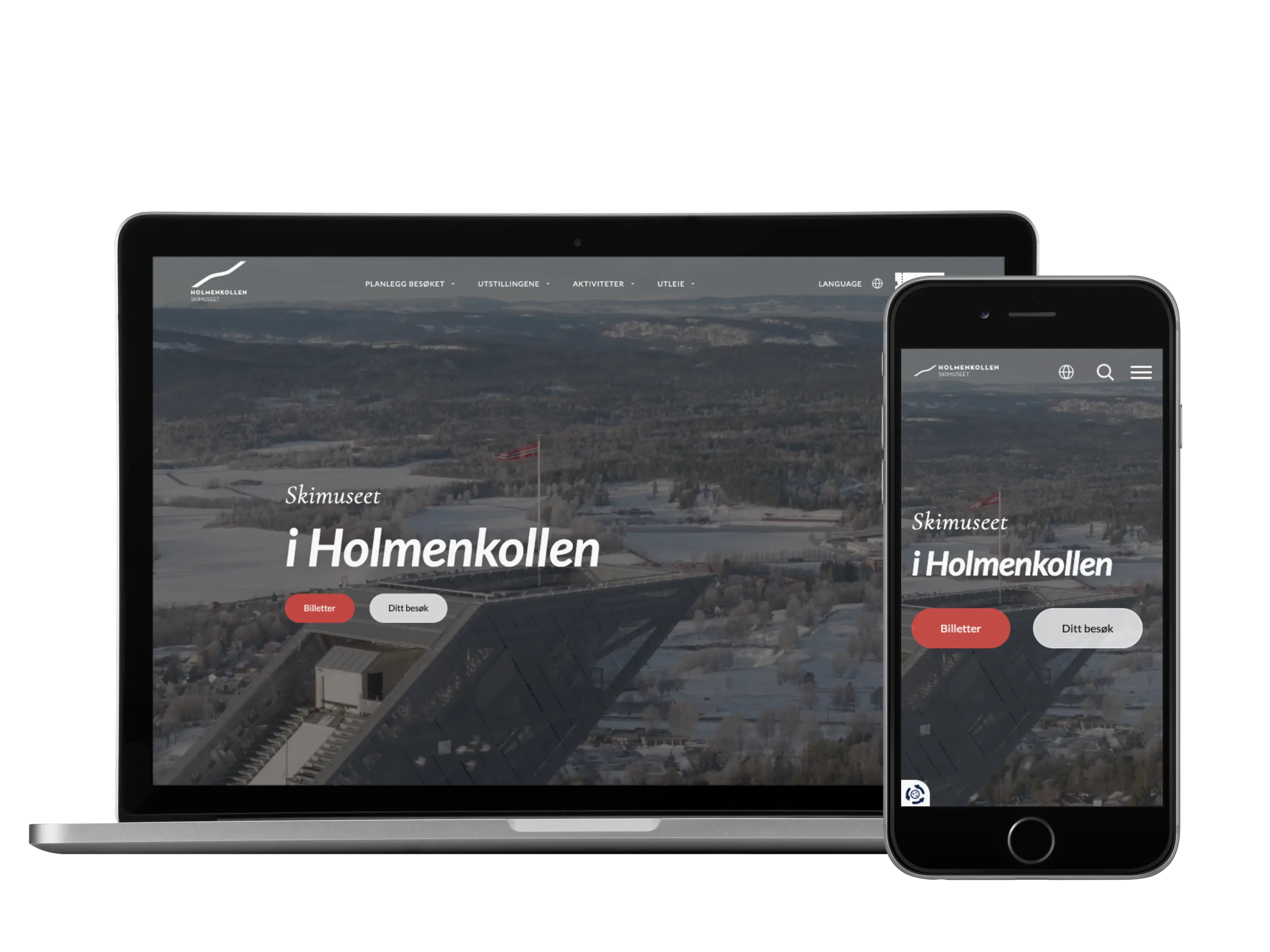 Mac og Iphone med skjermbilde nettside Holmenkollen