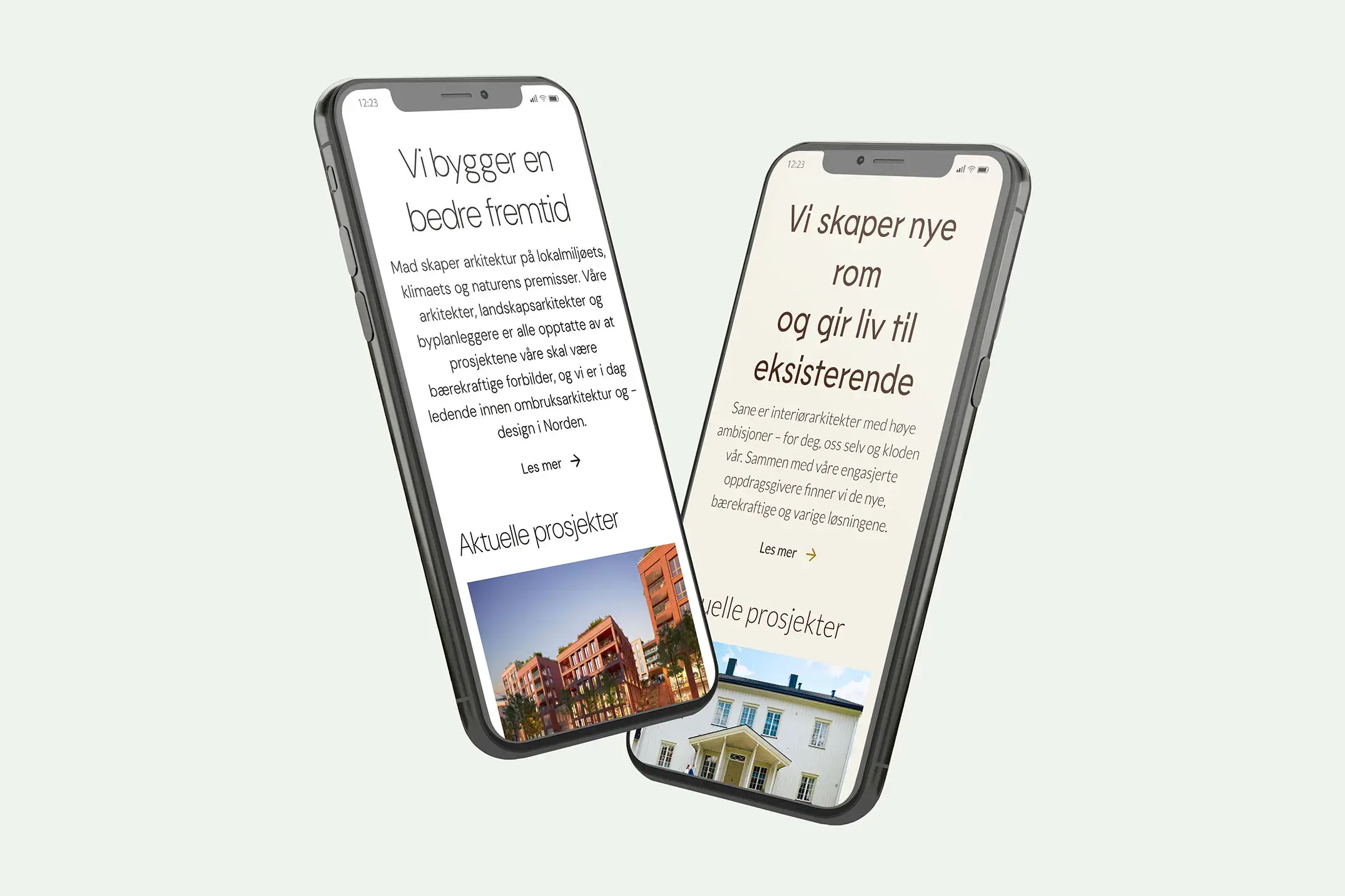 Mobilskjermer som viser nettsidene til mad og sane